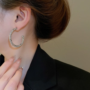 Close-up of silver twisted rope C-shaped hoop earrings worn by a model in a high-fashion shot