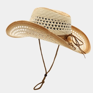 Handwoven straw cowboy sun hat with hollow mesh crown and adjustable chin strap