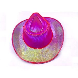Detail of purple holographic cowboy hat with bright orange LED light wire on the brim