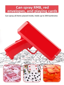 Close-up of red electric money gun showing 300 sheet capacity for cash and cards