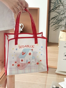 Detail of transparent PVC tote bag with cute cartoon house and dog print with red trim