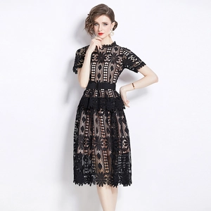Elegant black hollow-out lace midi dress with waist belt and delicate floral embroidery