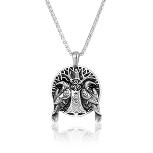 Detailed silver Viking pendant necklace featuring Yggdrasil tree and twin ravens motif