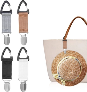 Travel hat clip for bags showing four colors and a hat being carried outdoors