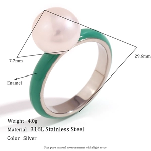 Modern 316L stainless steel ring with green enamel band and large pink-white pearl bead