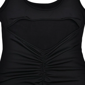 Detail of black bodysuit featuring heart-shaped cutout and ruched knit fabric texture
