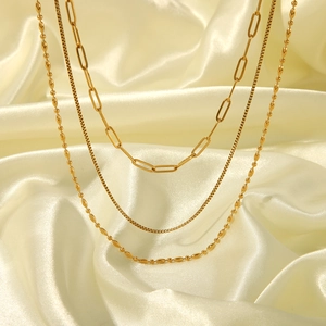 Multi Layer Chain Necklace Stainless Steel Gold Plated Paperclip Snake And Bead Chains Trendy Jewelry For Women