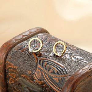 Macro shot of gold-plated circular earrings with zircon studs on a vintage jewelry box