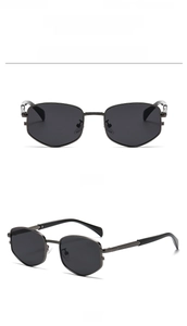 Detailed views of vintage metal rhombus sunglasses in gunmetal frame with black lenses