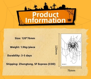Product specifications and size chart for 3D spider waterproof temporary tattoo stickers