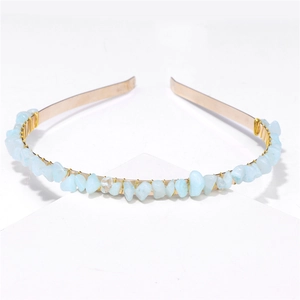 Handmade gold metal headband featuring irregular light blue natural stone chips