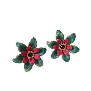 Vintage green and red flower earrings with layered petals and antique oil-drop finish
