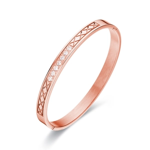 Elegant rose gold stainless steel bangle with single row cubic zirconia stones