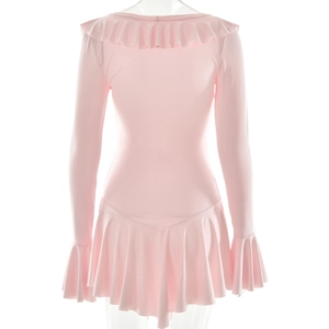 Back view of a pink long-sleeved dress with ruffle hem and waist tie detail