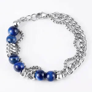 Layered Bracelet Stainless Steel Blue Tiger Eye Stone Spliced Curb Chain Box Chain For Men Women Fashion Jewelry