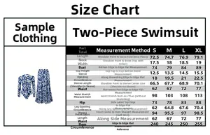 Detailed size chart for long-sleeve two-piece bikini set with blue floral print