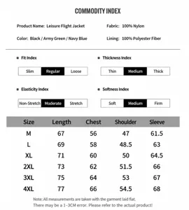 Tableau des tailles pour blouson bomber homme avec mesures détaillées du M au 4XL