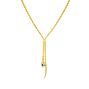 Snake pendant necklace in gold finish with green crystal eyes and clear rhinestones