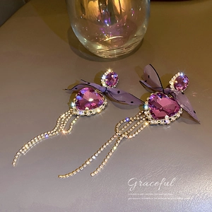 Exquisite purple crystal heart earrings with mesh bow and dangling rhinestone tassels