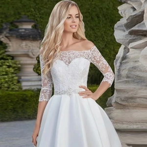 Lace Off-The-Shoulder Short Wedding Dress Satin A-Line Bridal Gown With Rhinestone Belt Half Sleeves Ivory White