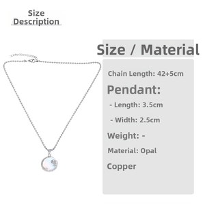 Detail of silver crescent moon necklace featuring fire opal inlay and dimensions