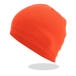 Close-up of vibrant orange beanie showing detailed ribbed knit pattern and texture