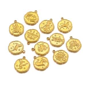 Zodiac Constellations Round Coin Charms Stainless Steel Gold Plated Pendants DIY Jewelry Making Accessory