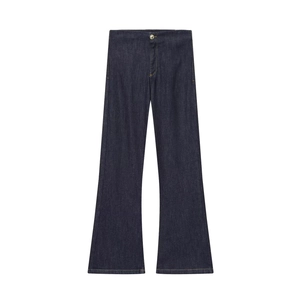 Pantalon en jean évasé bleu foncé avec coutures contrastées jaunes pour femmes