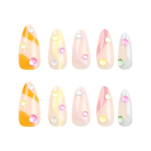 Short almond press-on nails with colorful pastel stripes and 3D crystal accents