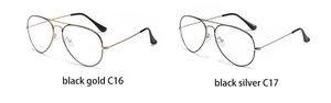 Close-up of pilot metal glasses frames in black-gold and black-silver finishes