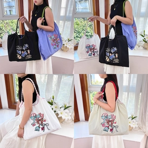 Embroidered Nylon Tote Bag Japanese Style Foldable Drawstring Eco Friendly Shopping Shoulder Bag Large Capacity Commuter