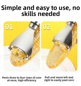Macro detail of stainless steel corn peeler stripping kernels onto a white ceramic plate