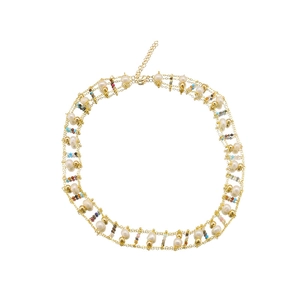 Elegant layered gold necklace with natural freshwater pearls and colorful gemstones beads