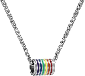 Close-up of a rainbow cylinder pendant on a silver-tone metal chain necklace