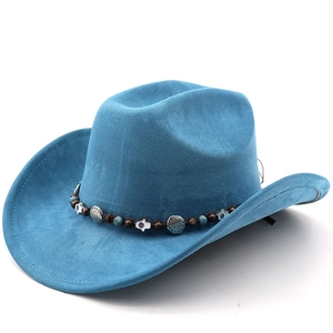 Chapeau de cowboy bleu ciel en daim avec bandeau perlé bohème et main de Hamsa