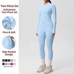 Tenue de Yoga Haut Et Bas pour Femmes Nylon Élasthanne Taille Haute Poche Latérale Fermeture Éclair Fitness