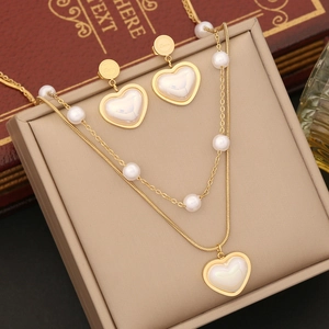 Layered Heart Pendant Necklace Gold Plated Stainless Steel With Shell Inlay And Faux Artificial Pearls For Women