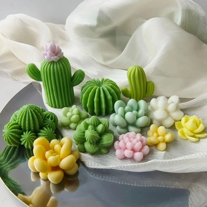 Detailed view of colorful cactus and succulent shaped candles made from silicone molds