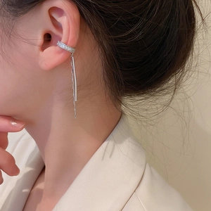 Silver plated C-shape tassel ear clip with sparkling cubic zirconia for women