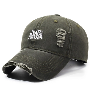 Olive green washed denim baseball cap with distressed details and NABe NaRA embroidery