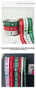 Macro detail of red, green and white Merry Christmas ribbed ribbons for gift wrapping