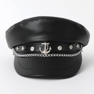 Women Black PU Leather Captain Navy Hat With Metal Chain Anchor Ornament Vintage Military Fiddler Beret Flat Top Cap