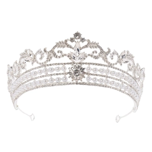 Vintage bridal crown with silver alloy scrollwork, sparkling rhinestones and pearl rows