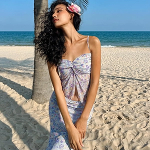 Detail of light purple floral two-piece set with twist-front camisole and maxi skirt