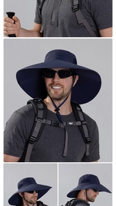 Dettaglio cappello parasole blu navy a tesa larga con rete e cordino antivento
