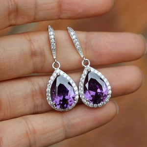 Exquisite silver-tone pear-cut purple zircon drop earrings for wedding and banquet events