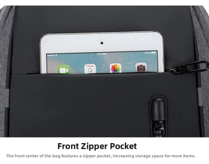 Tasca frontale con zip dello zaino porta PC con spazio per riporre un tablet