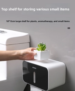 Macro view of wall-mounted tissue box top shelf with green plant on 18x13cm platform
