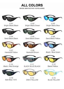 Matrix view of 15 over-glasses sunglasses with various frame colors and tinted lenses