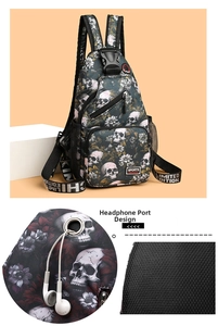 Detailsicht der Kopfhörerbuchse und atmungsaktivem Mesh-Rücken der Totenkopf-Brusttasche